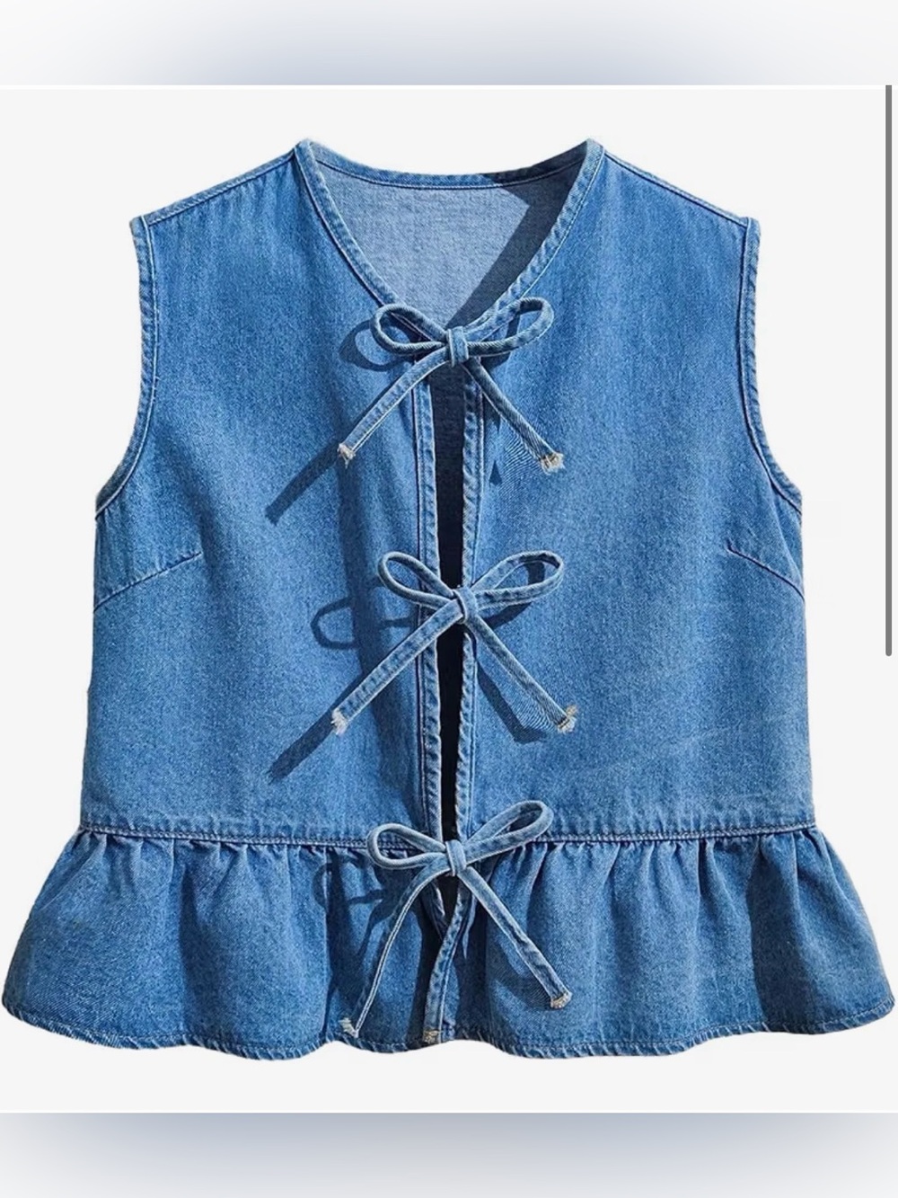 Sleeveless Denim Top Tie Front Ruffle Jean Vest